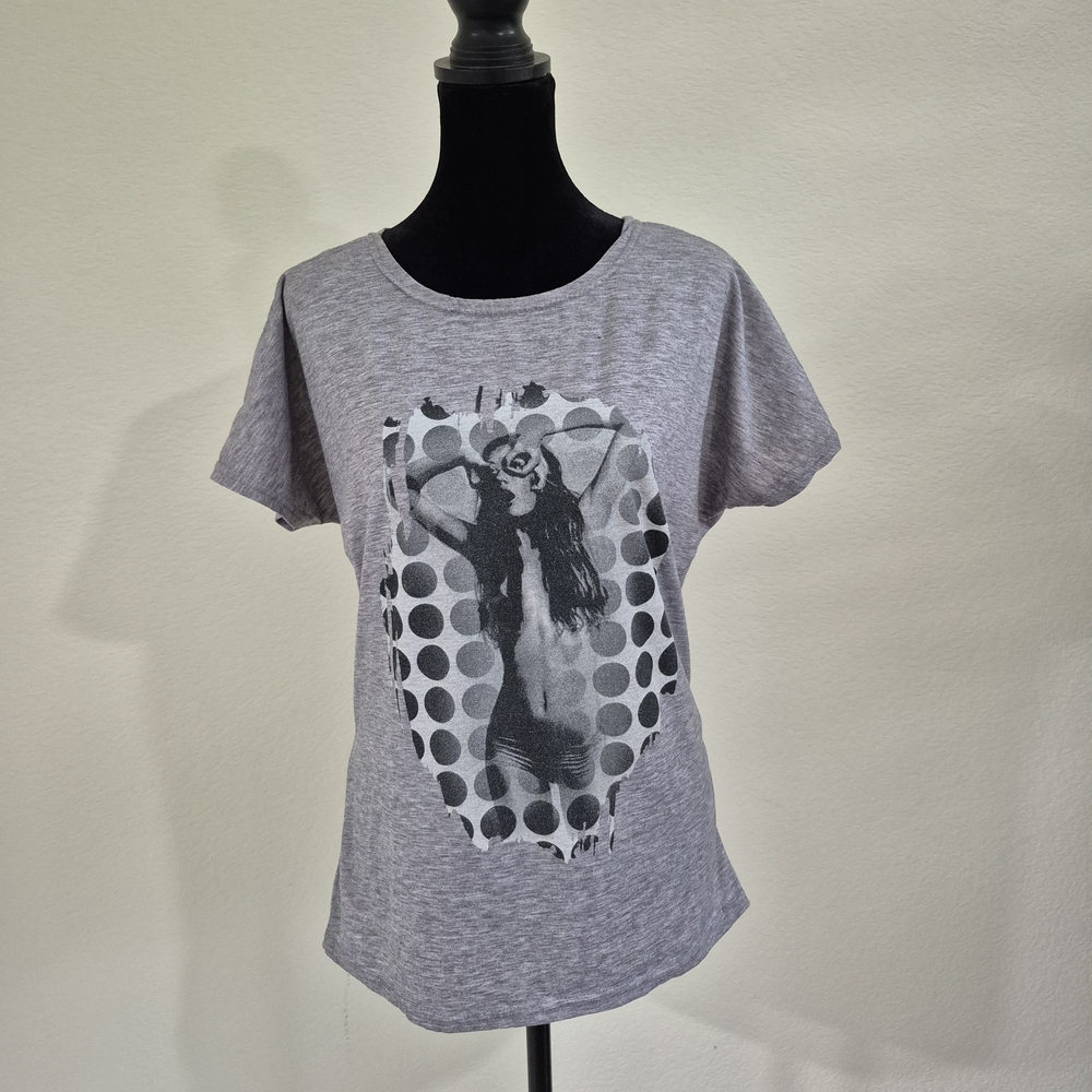 Grey and black graphic tee with a back knot detail